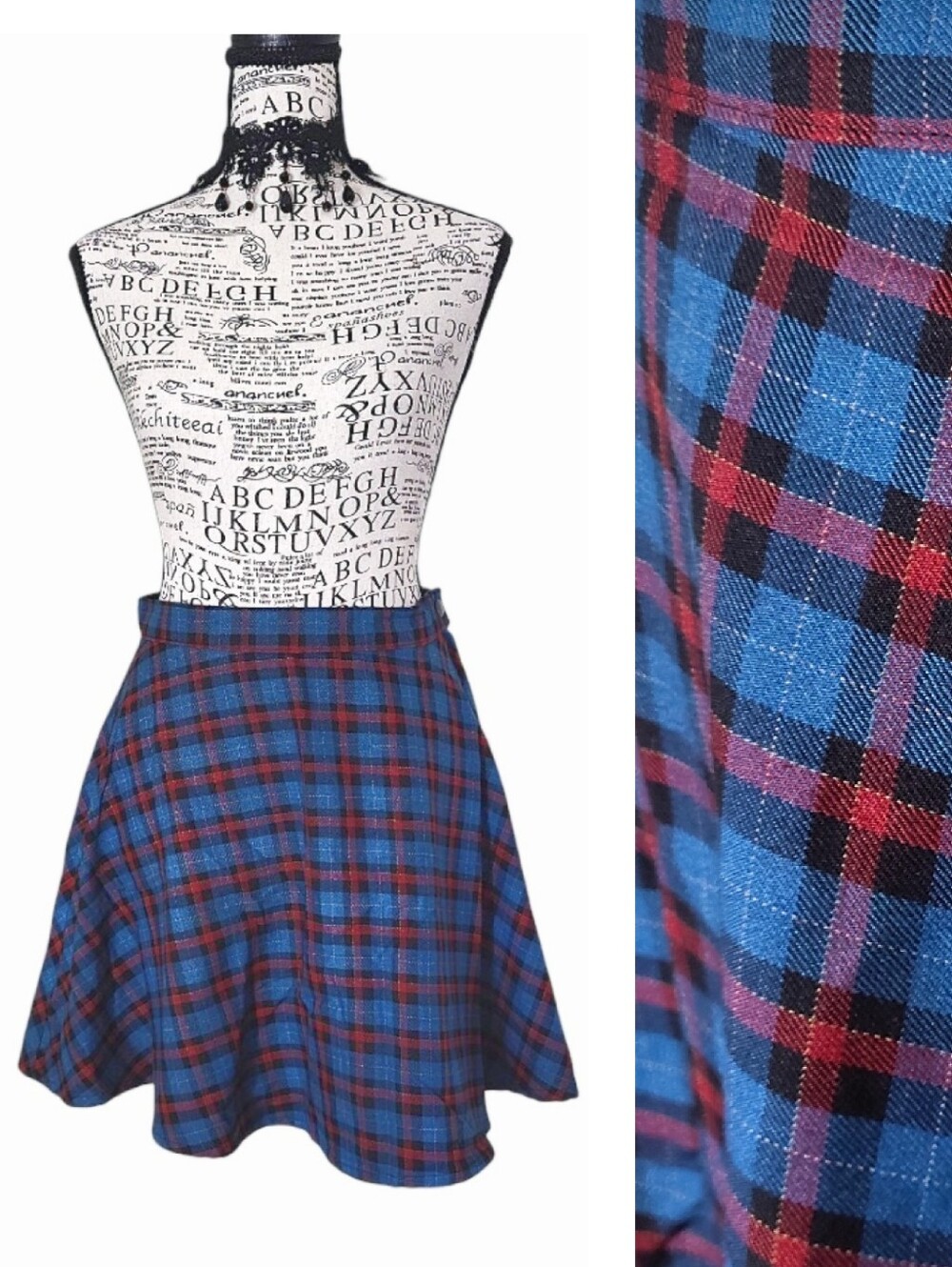 VTG American Apparel Red Blue Plaid High Waist Circle Mini Skirt Medium Punk Pop
